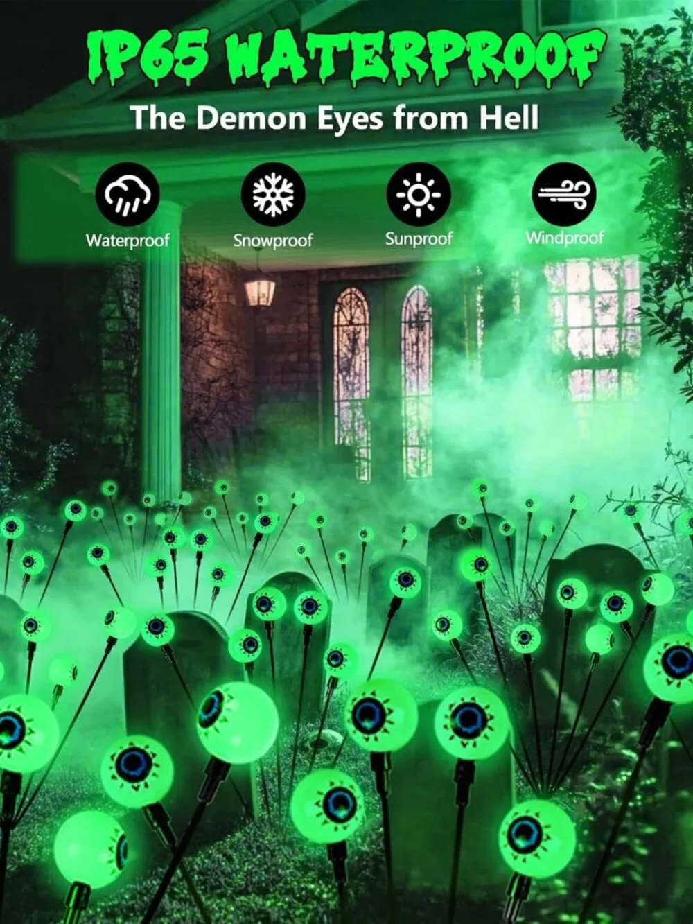 Spooky Solar Halloween Decorations - 6 Pack Green LED Eyeball Lights for